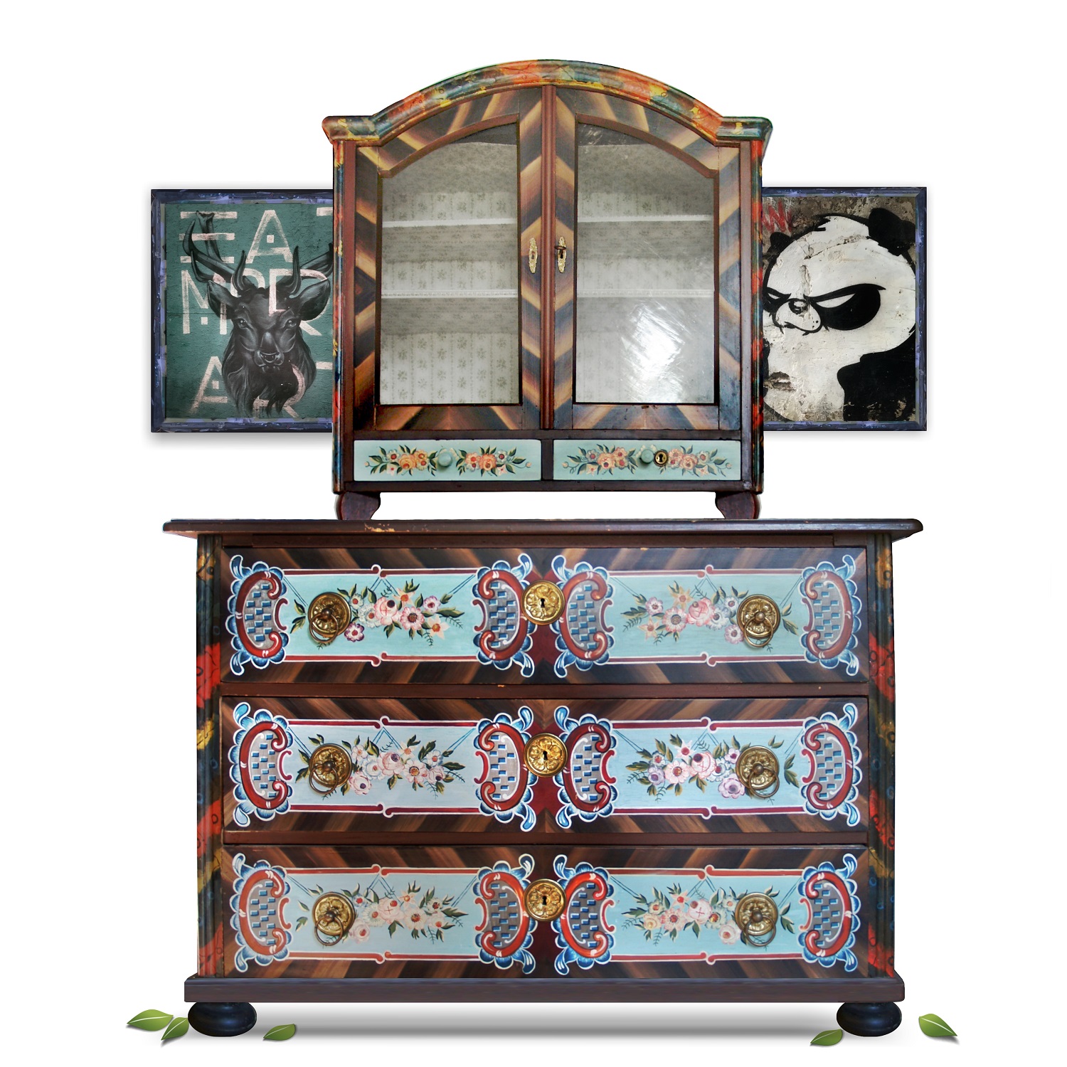 Bauernschrank antik Kommode Vitrine bemalt Barock blau Bauernkommode