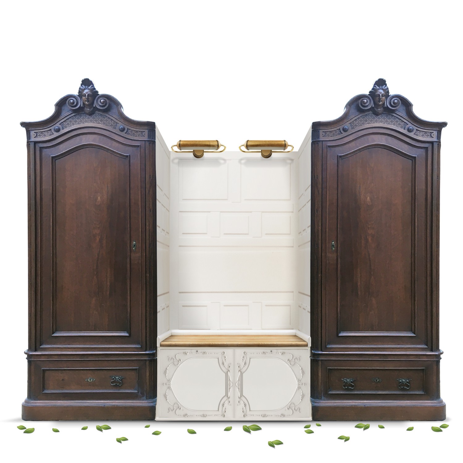 Schrank antik plastisch beschnitzt Kleiderschrank Dielenschrank Pärchen creme Messing Holz