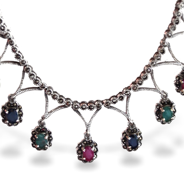 Collier 925 Silber Edelsteine Schmuck Handarbeit Multicolor Rubine, Smaragde und tiefblaue Saphire Collier 925 Silber