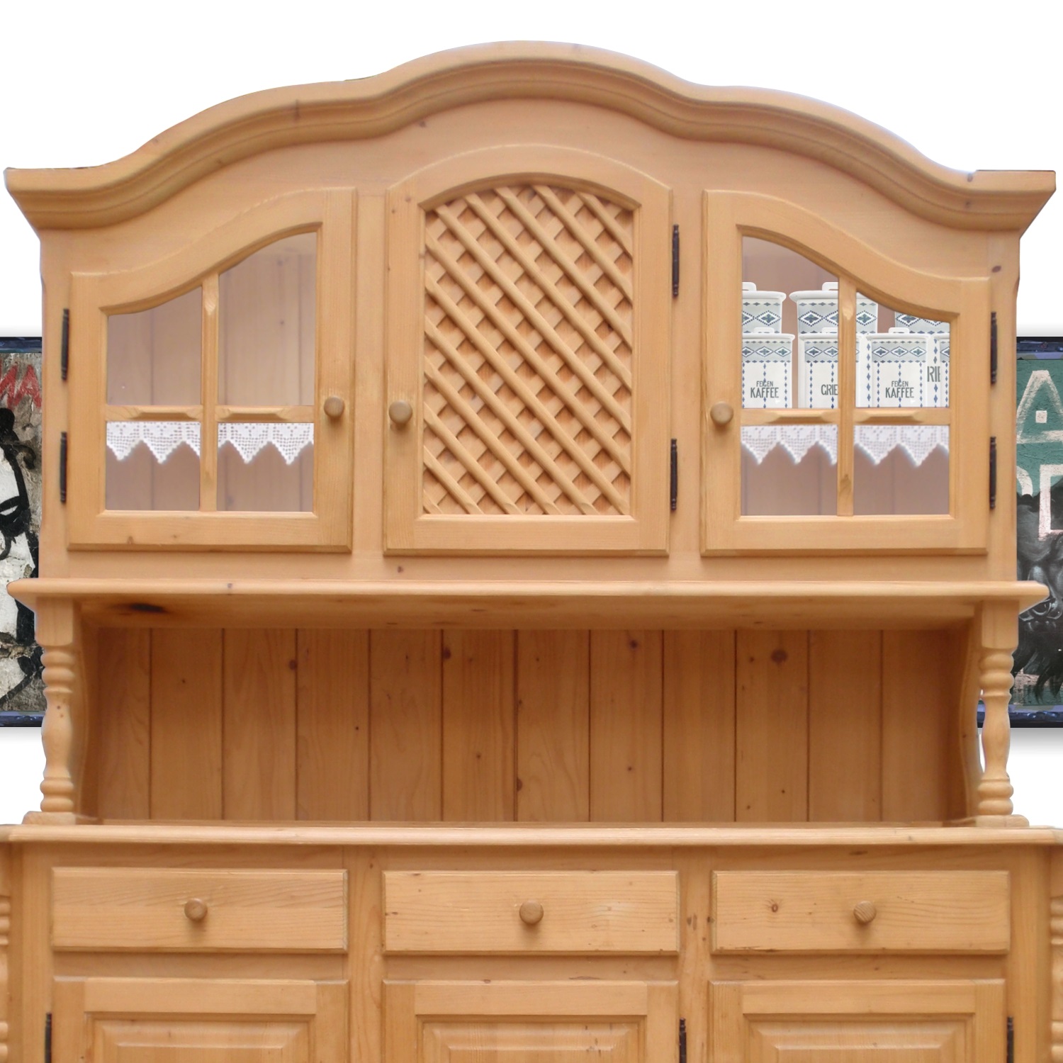 Küchenschrank Naturholz Landhausstil Gittertür Vitrine