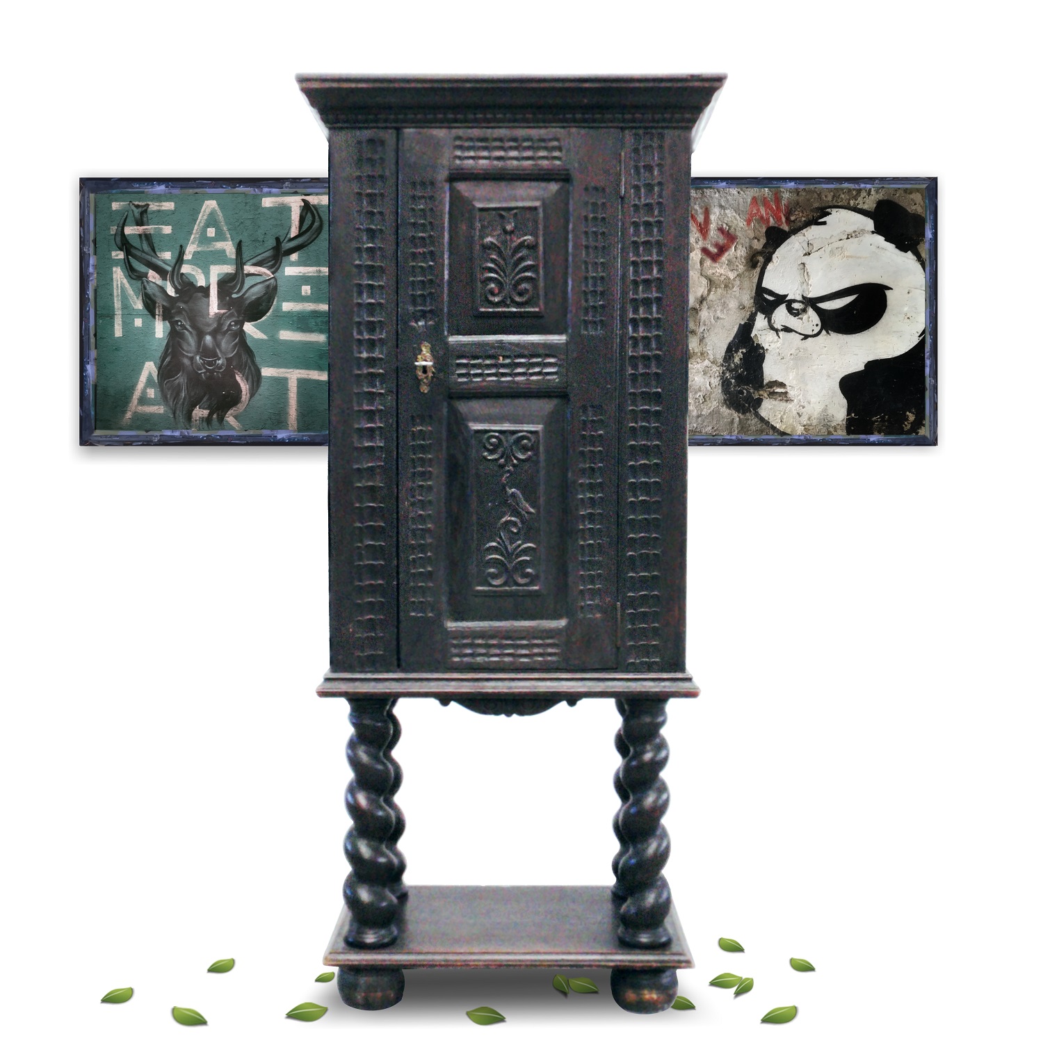 Säulenschrank antik antiker Schrank beschnitzt Pfeilerkasten gedrehte Vollsäulen Rittermöbel Renaissance Barock 17.Jahrhundert Gotik Romanik