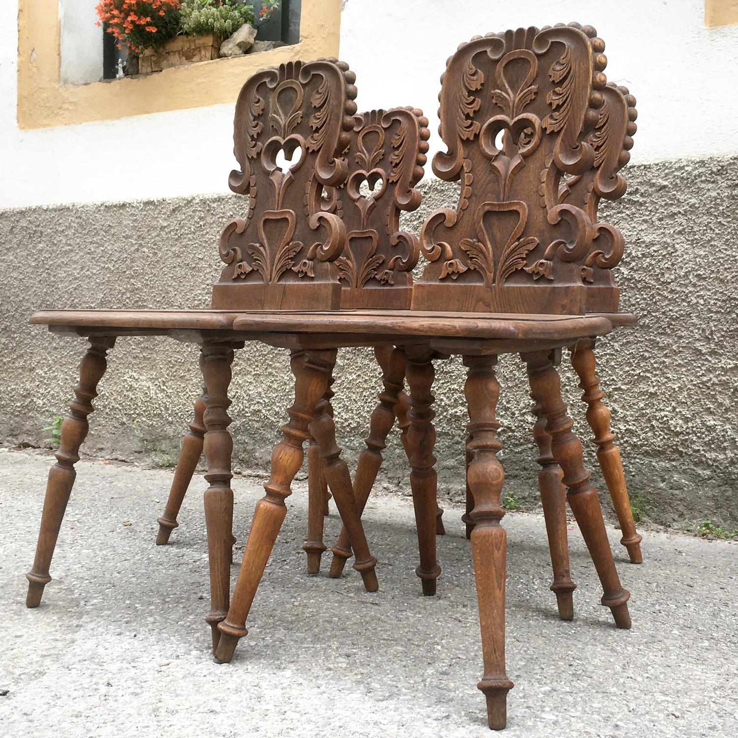 Brettstuhl Sessel Stuhl antik Bauernstuhl Bauernsessel Eiche massiv Set