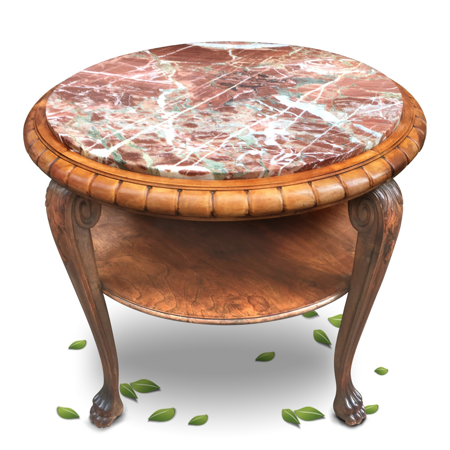 Salontisch Couchtisch Art Deco Marmorplatte antik Tisch rund Löwentatzen