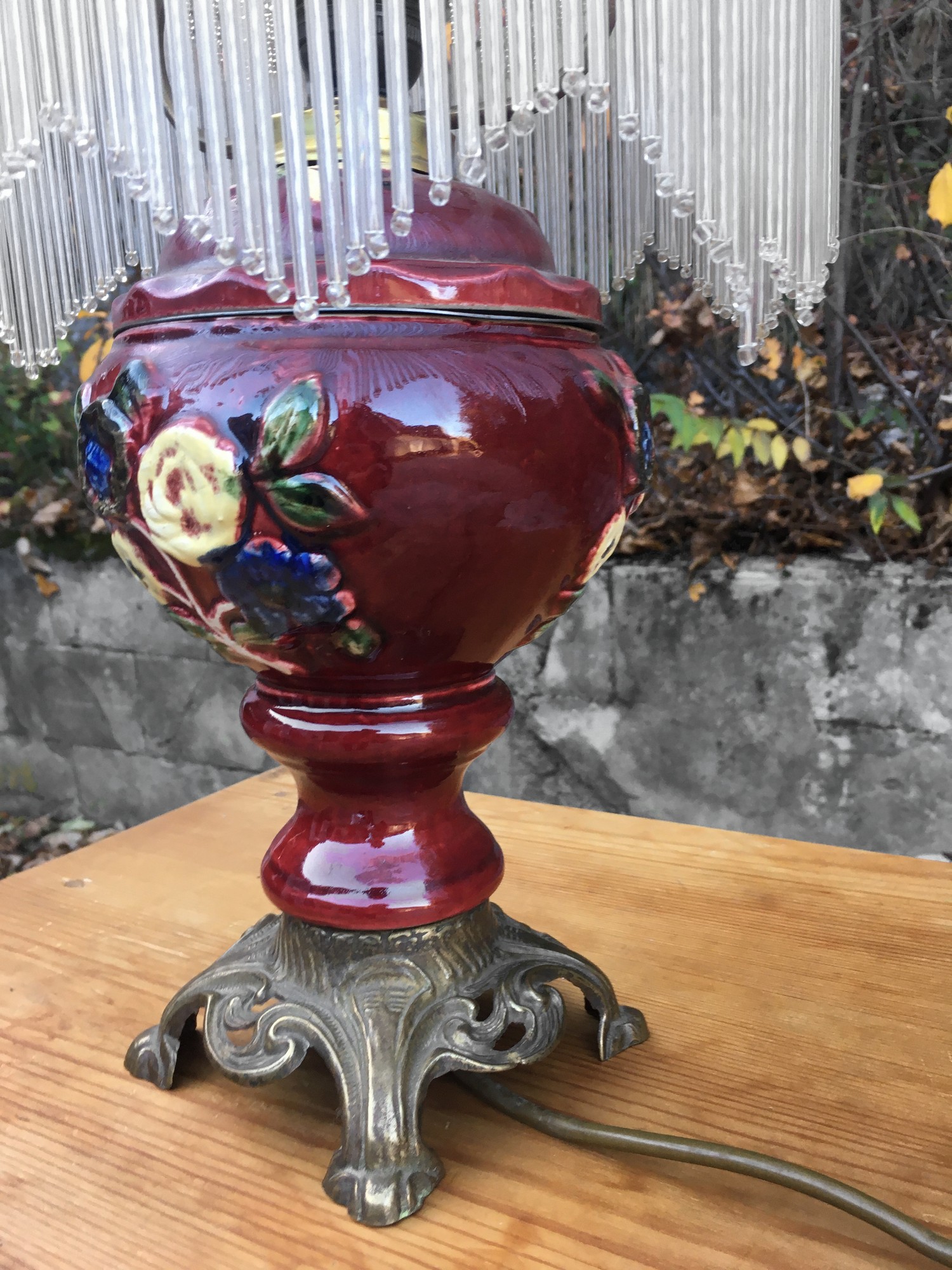 Antike Keramik Tischlampe Original Majolika Vintage Glasstäbchen Leuchter rot