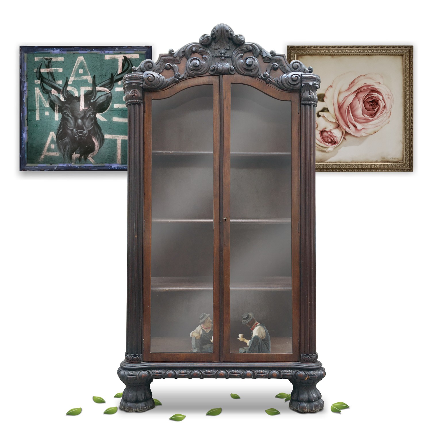 Vitrinenschrank antik reich geschnitztes Neobarock Möbel Vitrine antik Vitrinenschrank dreiseitig verglast reich beschnitzt Historismus