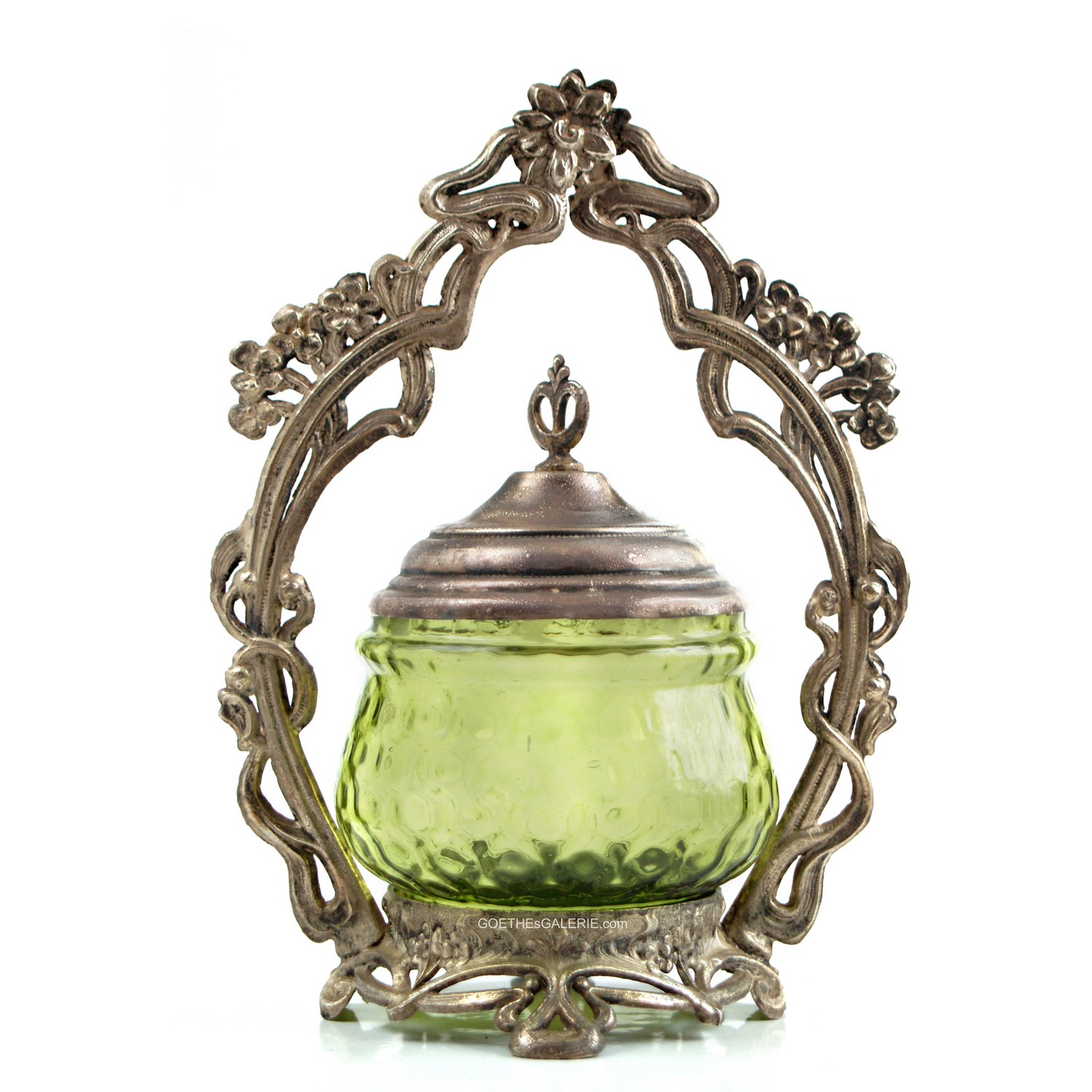 Jugendstil Deckeldose mit Metallstand floral geziert Bonboniere Zuckerdose Keksdose Jugendstil Glas Dose