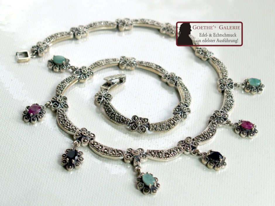 Rubine, Smaragde und tiefblaue Saphire Collier 925 Silber