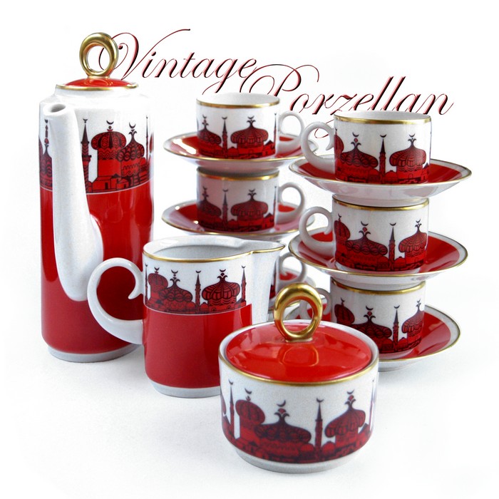 Kaffeeset Freiberger Porzellan rot SET Zwiebeltürme Vintage Geschirr Kaffeeset Freiberger Porzellan Geschirr Vitntage rot Zwiebeltürme