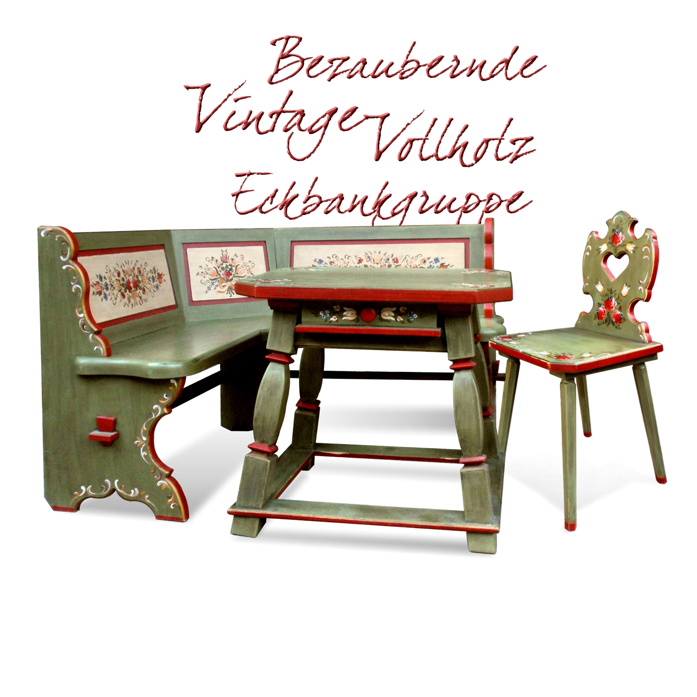 Essecke Tisch, Sitzbank, Stuhl Bauernmöbel bemalt Vollholz Eckbank Eckbankgruppe bemalt grün
