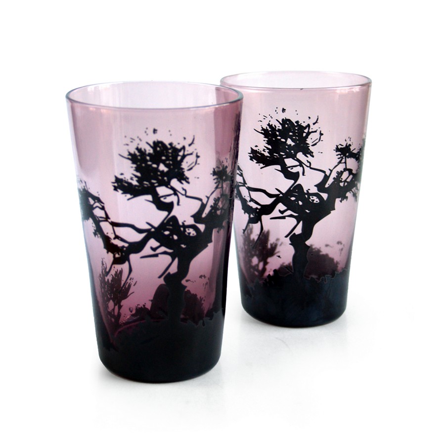 Gläser Schwarzlotmalerei rosa Glas Antikstil Wassergläser rosa Gläser schwarze Bäume