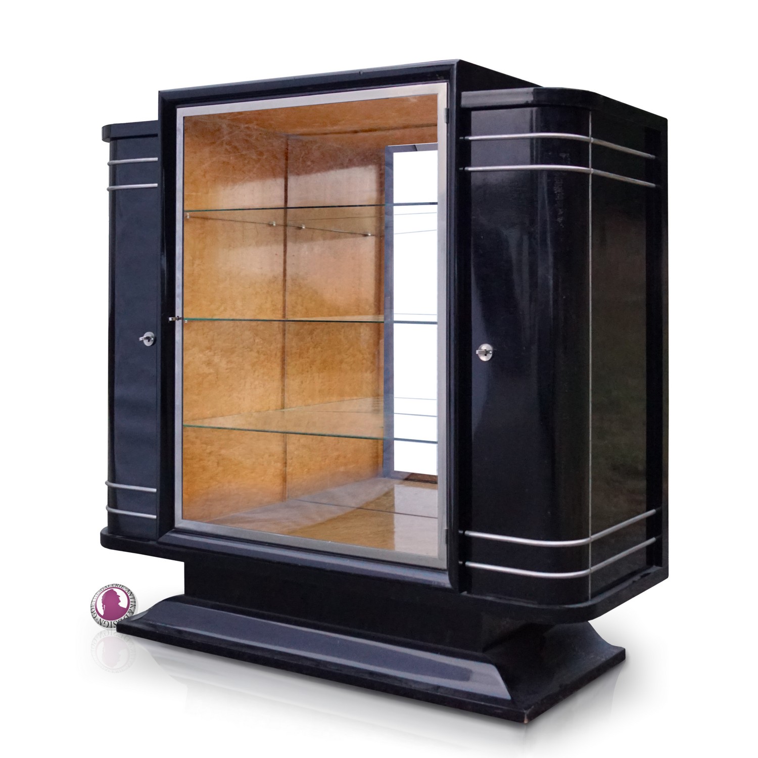 Antiker Schrank ARTDECO schwarz Chromliner Vitrine noir Möbel Original 30er-Jahre Vitrine Wurzelholz Verspiegelt Chromleisten Scheinen silber Silverliner