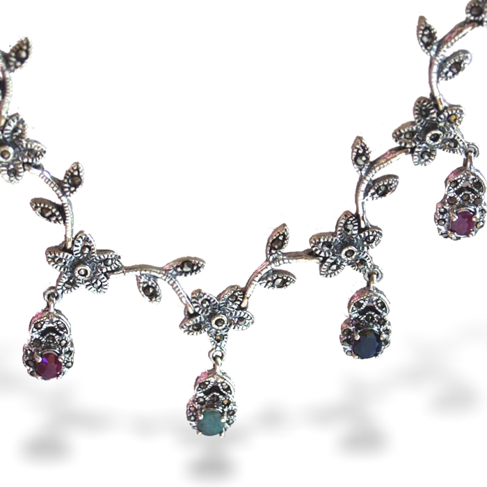 Collier 925 Silber Edelsteine Schmuck Handarbeit Multicolor Rubine, Smaragde und tiefblaue Saphire Collier 925 Silber