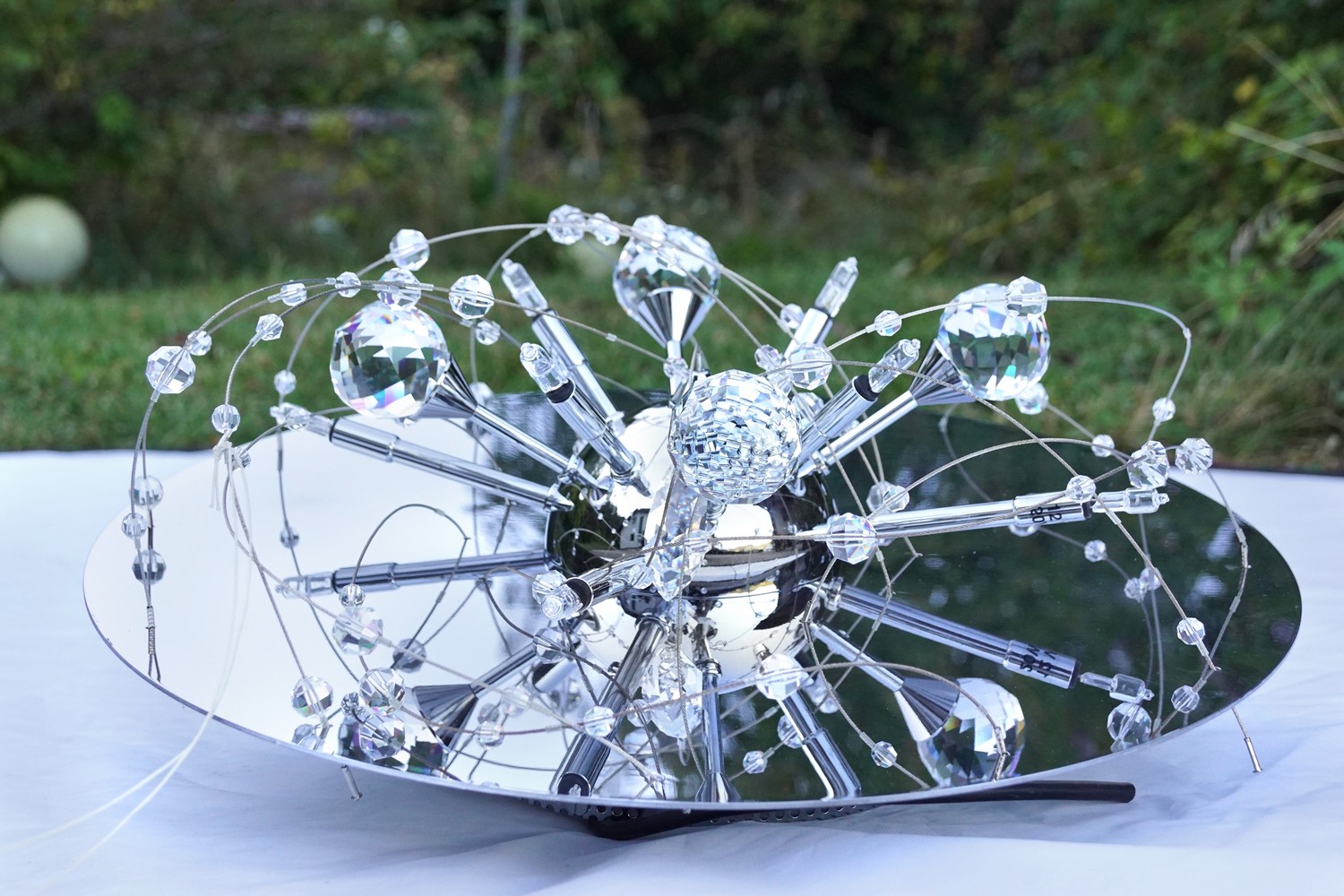 Luster Orion Wien Hängelampe funklender Bleikristall Leuchter Chrom "Uranus" Spaceage Sputnik chrom Lamp Design