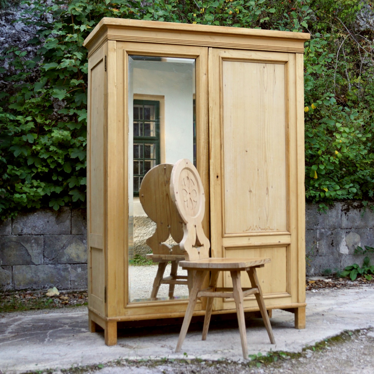 Bauernschrank antik Weichholz Dielenschrank Spiegel Schrank Kasten Bauernmöbel Garderobe kleiderschrank Naturholz Rustikal