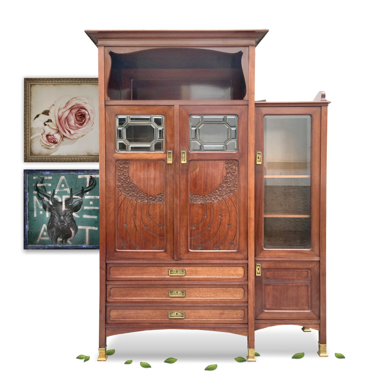 Vitrinenschrank antik Bücherschrank Vitrine Schrank Jugendstil Richard Ludwig Blumengirlanden Vitrinenschrank antik Bücherschrank Vitrine Schrank Jugendstil Richard Ludwig Blumengirlanden