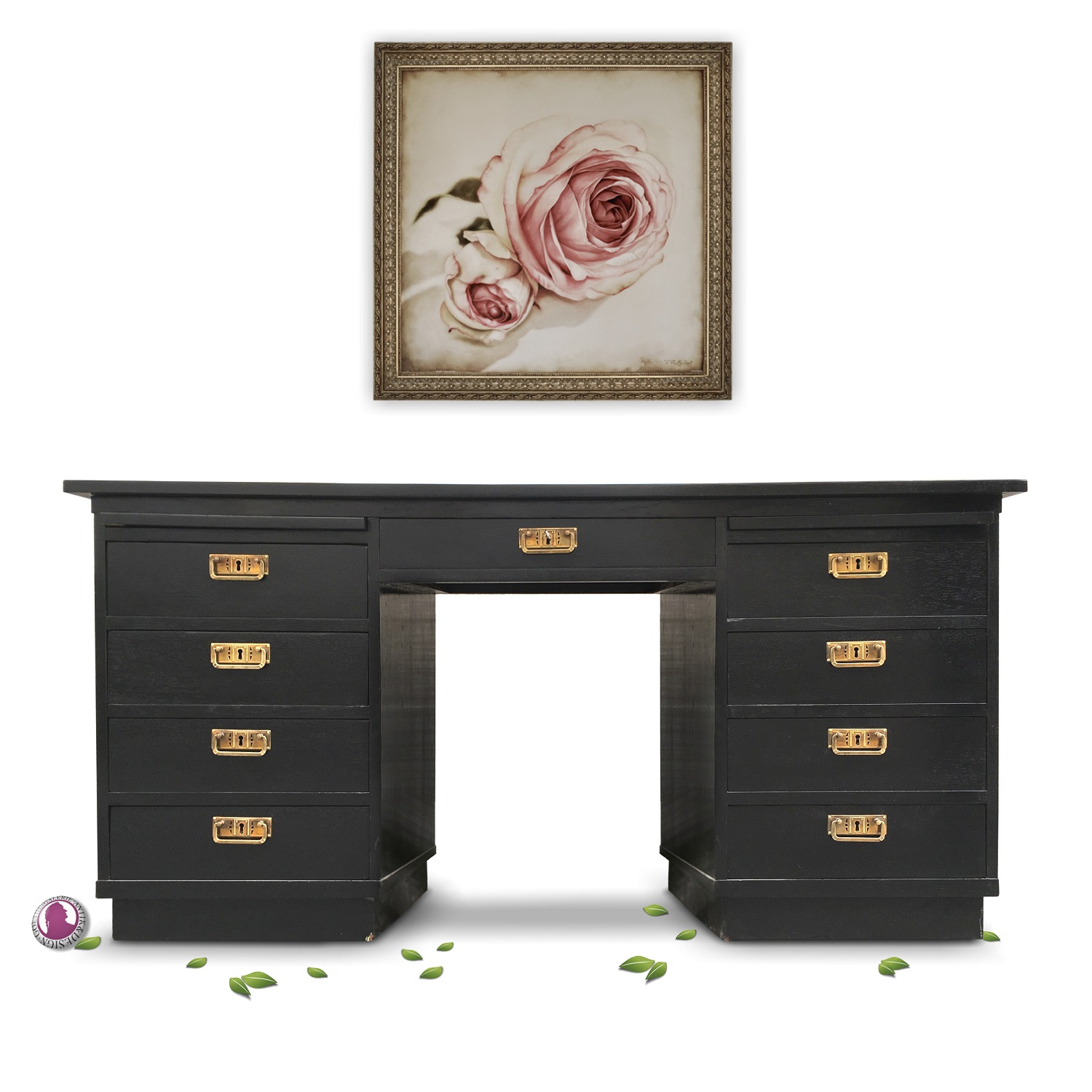 Schreibtisch Jugendstil 1920 antik restauriert, schwarzer Freisteher