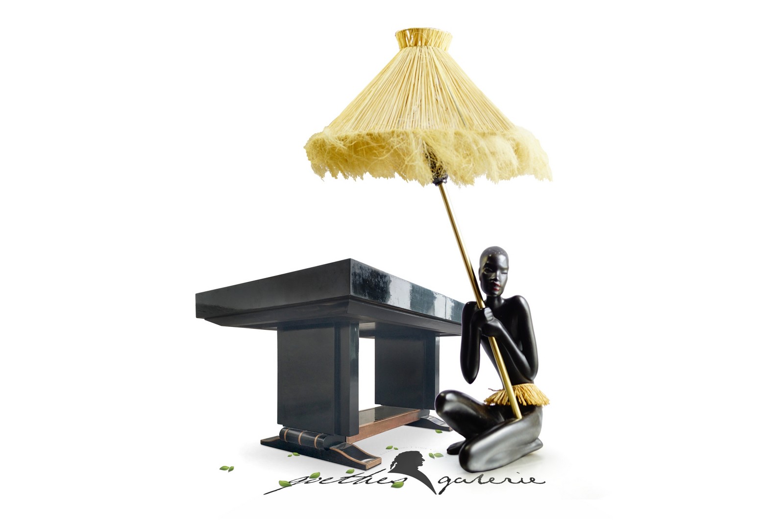 Gmundner Keramik Fink Tischlampe Afrikanerin Bastschirm Vintage