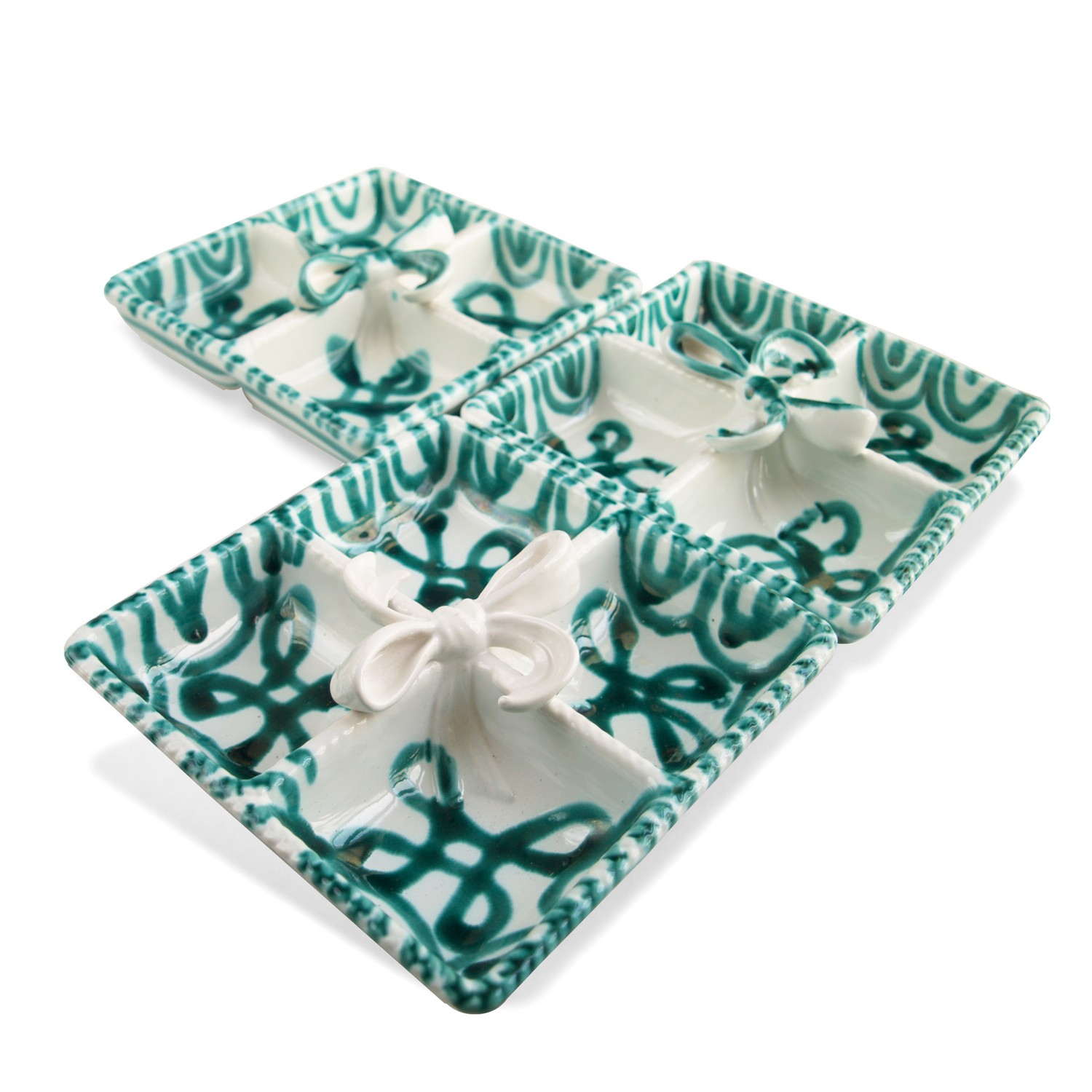 Gmundner Keramik grün GEFLAMMT Schale eckig Kabarett "Masche weiß" Gmundner Keramik Masche eckig Teller Grüngeflammt