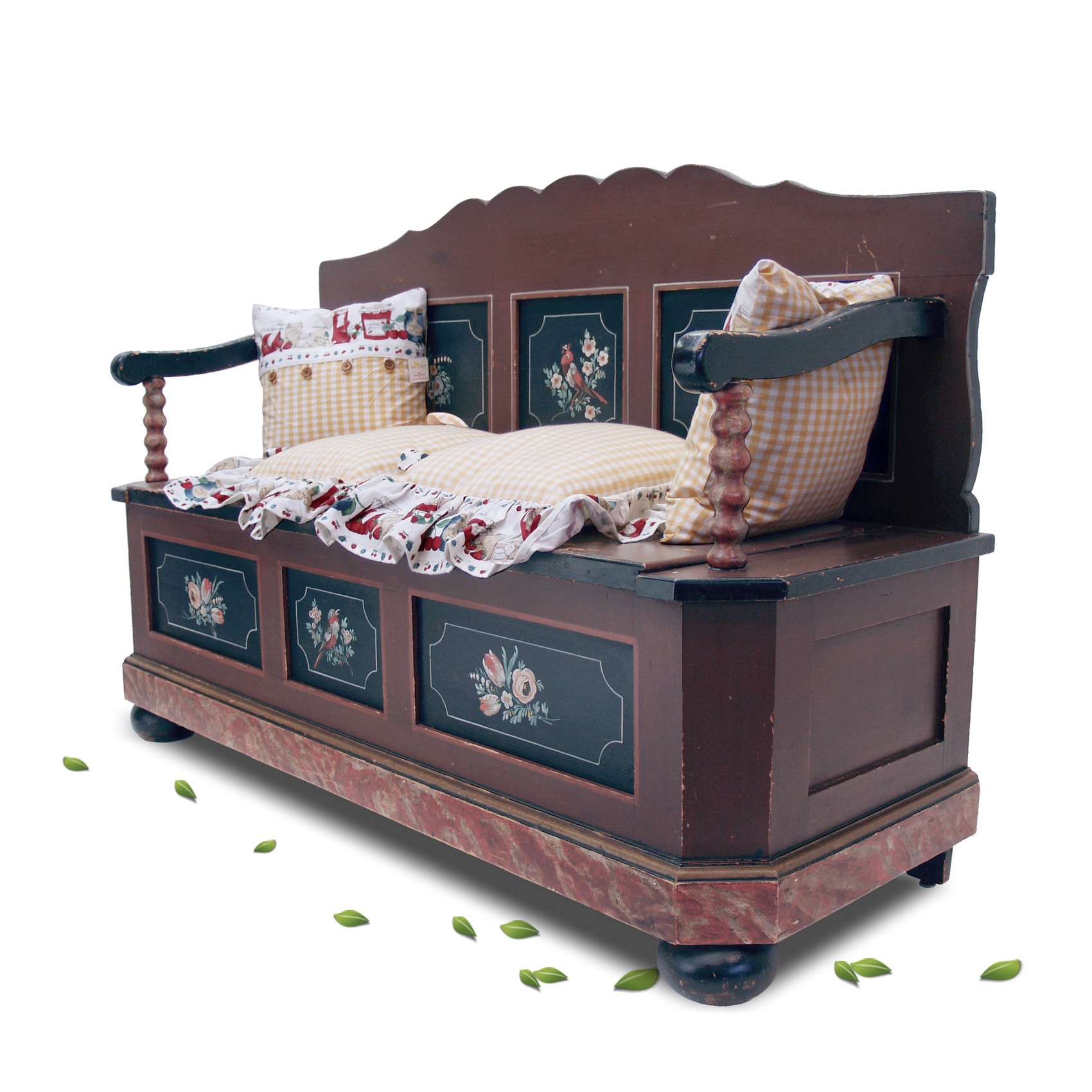 Truhenbank Sitztruhe Vintage Sitzbank bemalt antike Küchenbank Landhaus Bauernmöbel Vollholz