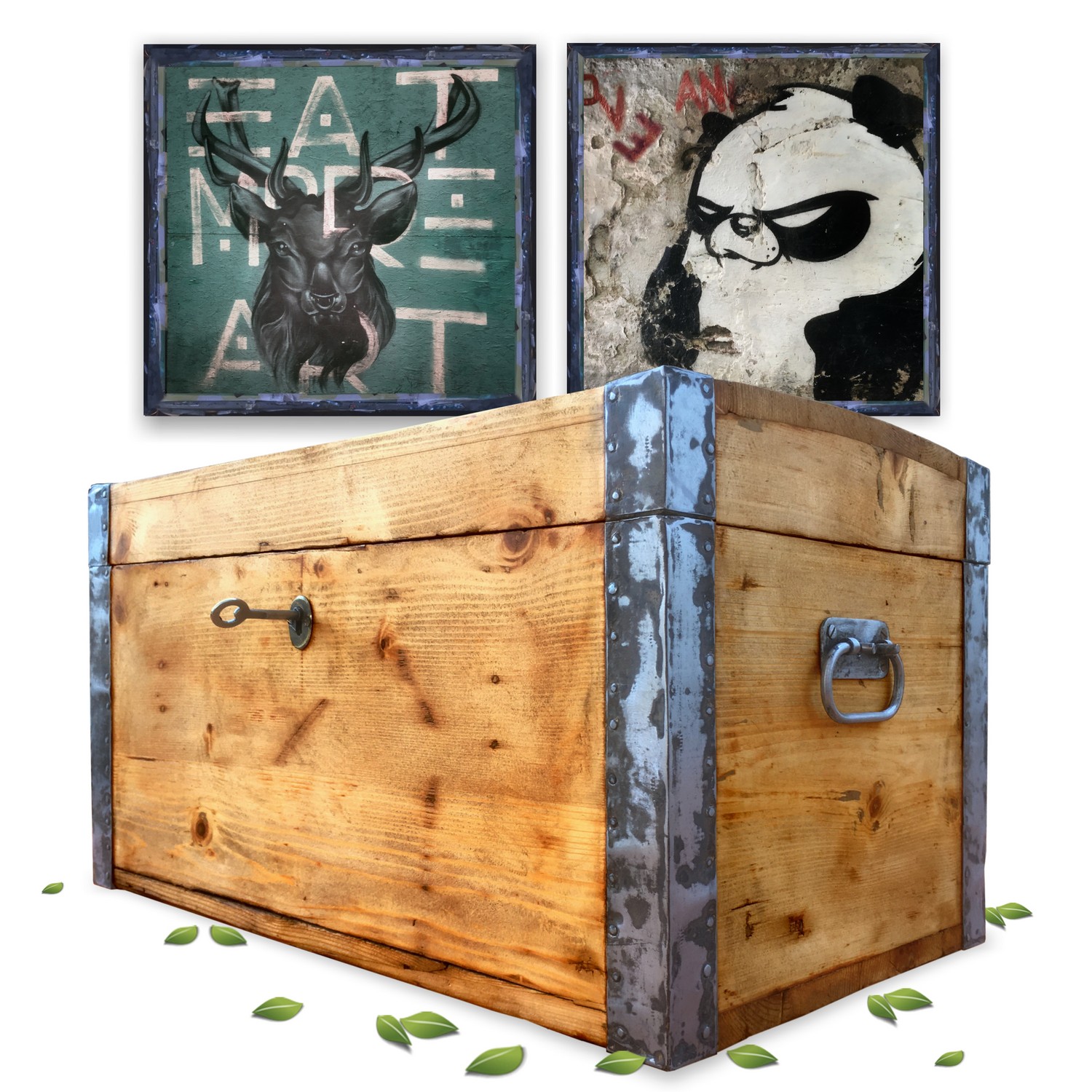 Truhe antik restaurierte Vollholz Bauerntruhe mit Metallbänder Bauernmöbel Truhe Weichholz antik