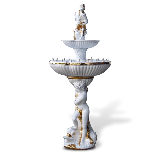 Springbrunnen Porzellan vergoldet Fischer beim Fischen Brunnen golden Porzellan Badezimmer Hotel