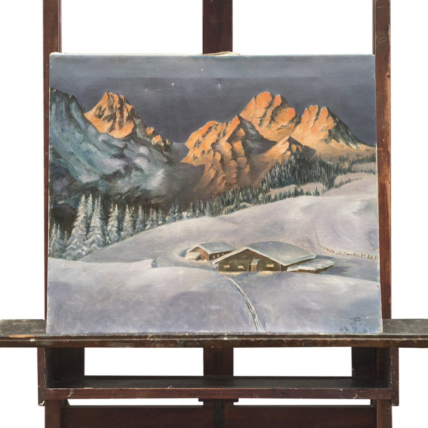 Ölbild auf Leinwand, signiertes Gemälde mit Almhütte in den Bergen Oelbild Leinwand Winterlandschaft Sonnenuntergang signiert Bild Gemaelde