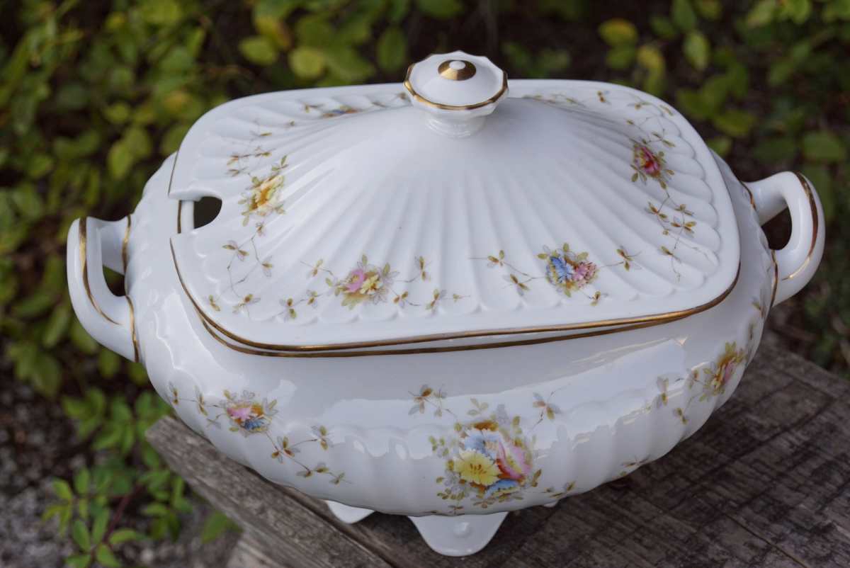 Terrinne antiker Suppentopf Porzellan Vintage blumen rosen gelb rosa Shabby Chic gold