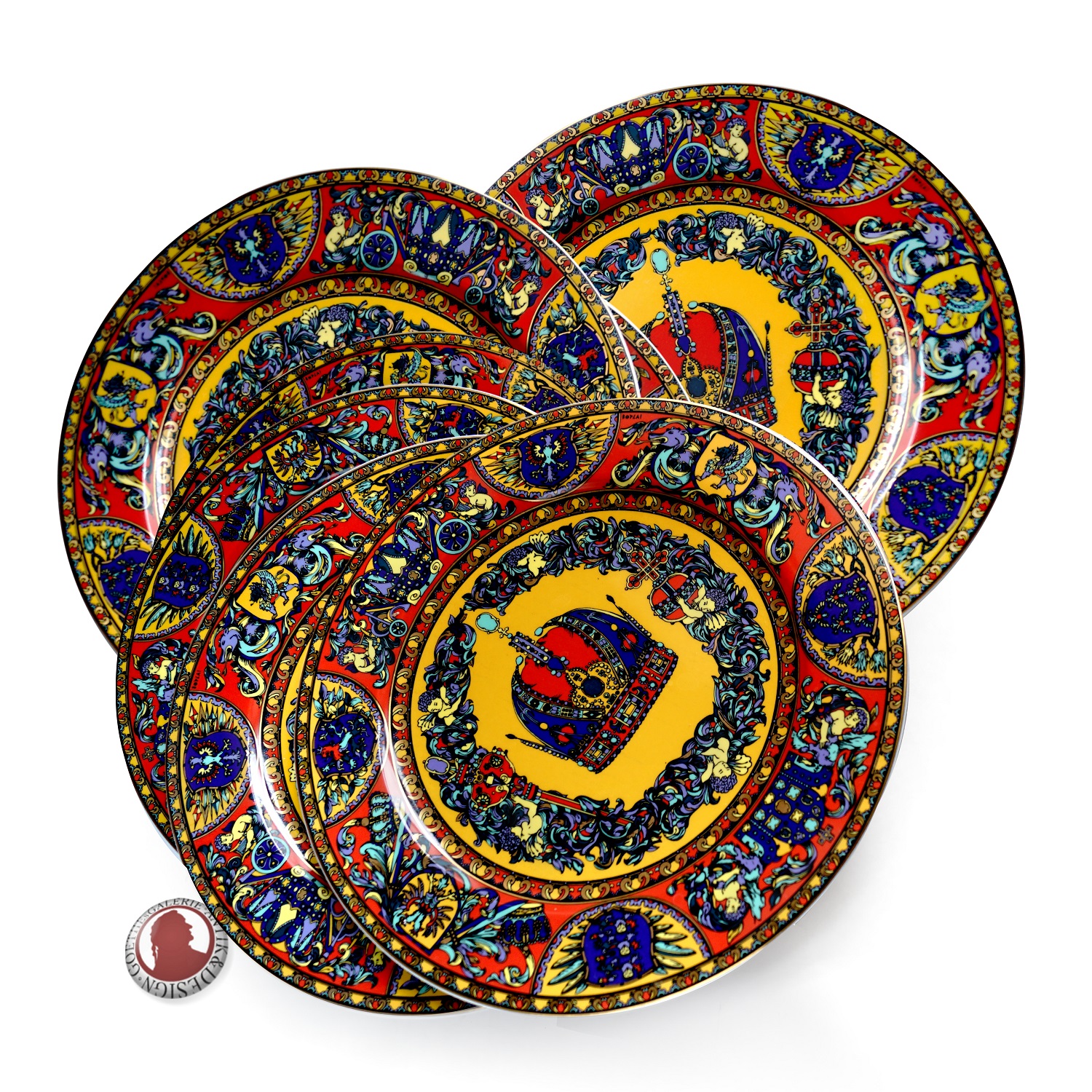 Bopla Prestige Teller 31 cm neuwertig & traumhaft schön! Teller 31 cm Platzteller Bopla Baroque Prestige LILIEN LANGENTHAL Swiss Design Versace arabesk engel putten sakral Möbel Einrichtung Maria Bauernschrank Landhausstil Alps rot gelb grün Blätter ornamente Tortenteller Kuchenteller bunt gold Krone versace