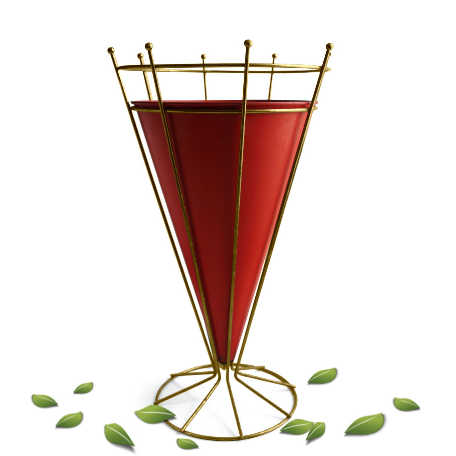 Original 60er-Jahre Schirmständer rot Retro Tüten-Design Vintage Schirmständer Tüte Design Metall Messing rot