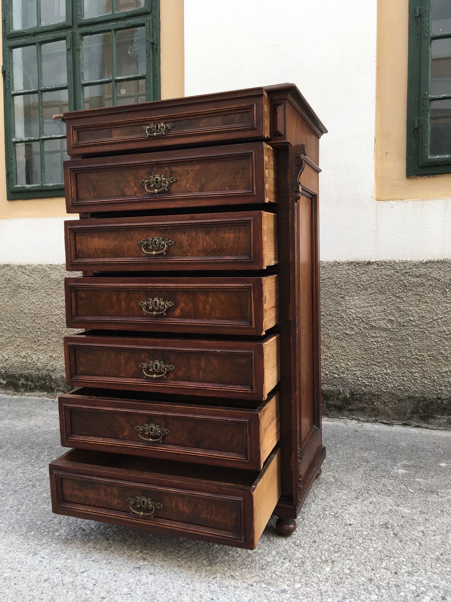 Kommode antik Gründerzeit 7 Laden Nussholz Möbel Historismus Schrank kaufen Shop Wochenkommode