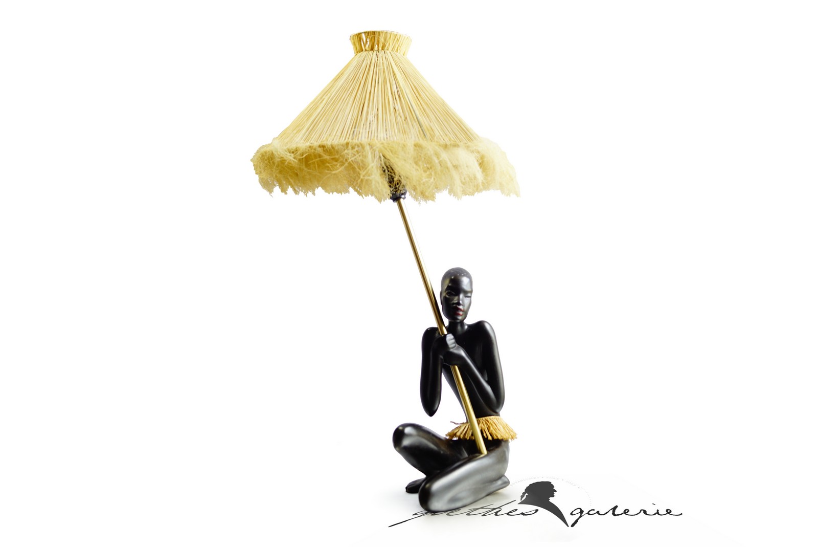 Gmundner Keramik Fink Tischlampe Afrikanerin Bastschirm Vintage