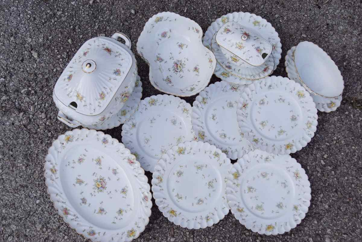 antikes Porzellan Komplettset blümchen gold eckig antikes Geschirr Shabby chic Vintage Jugendstil Teller Terrinne Sauciere