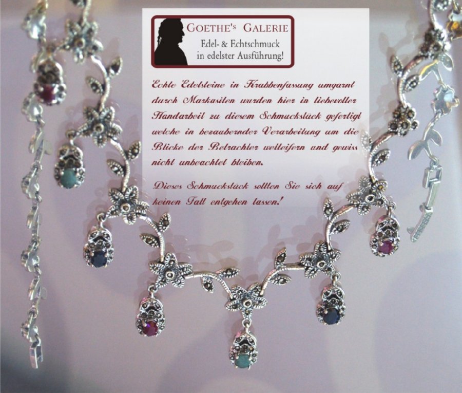 Rubine, Smaragde und tiefblaue Saphire Collier 925 Silber