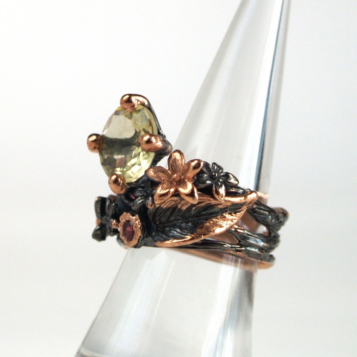 Ring 925 Silber Zitronenquarz Blüte Schmetterling handgefertigt