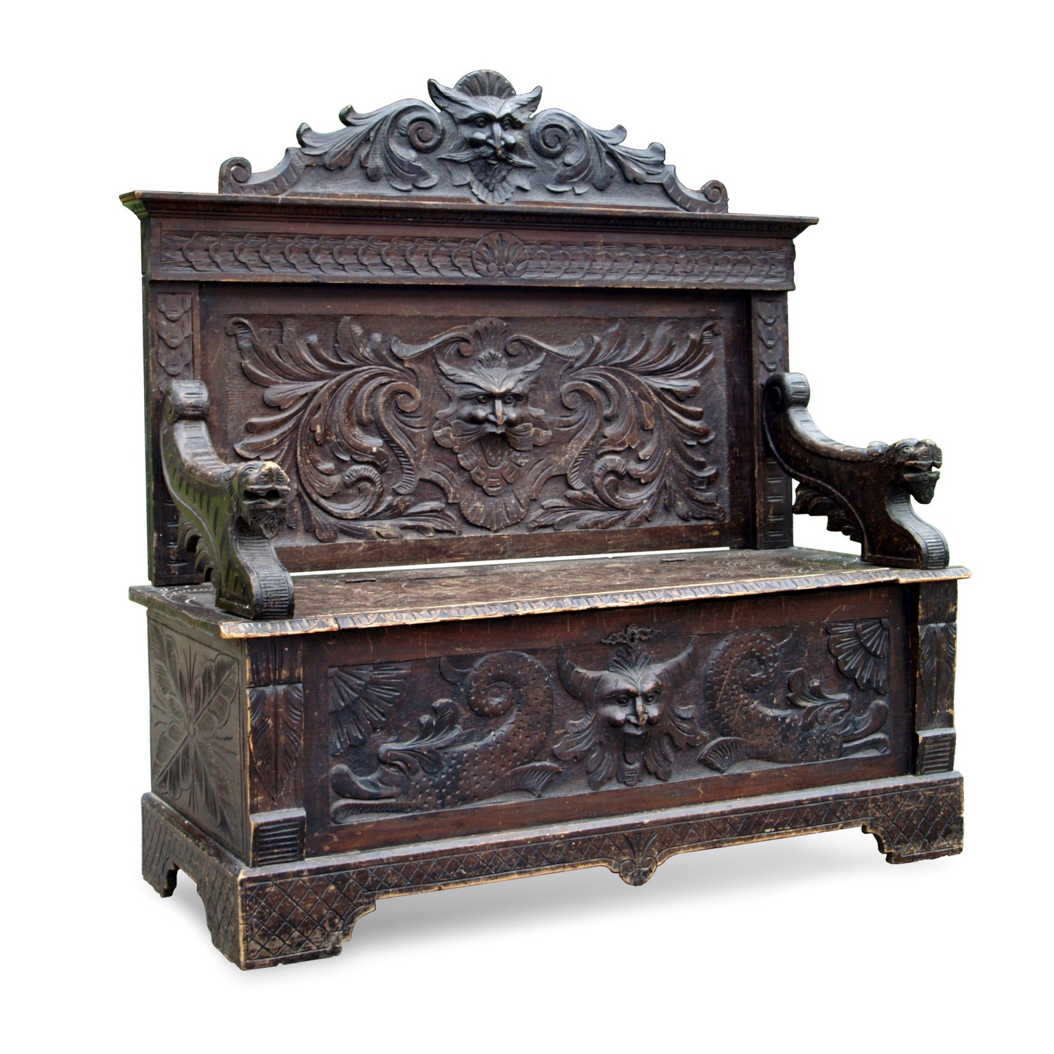 Truhenbank Renaissance Fratzen beschnitzt Satyr Truhenbank antik Fratzen