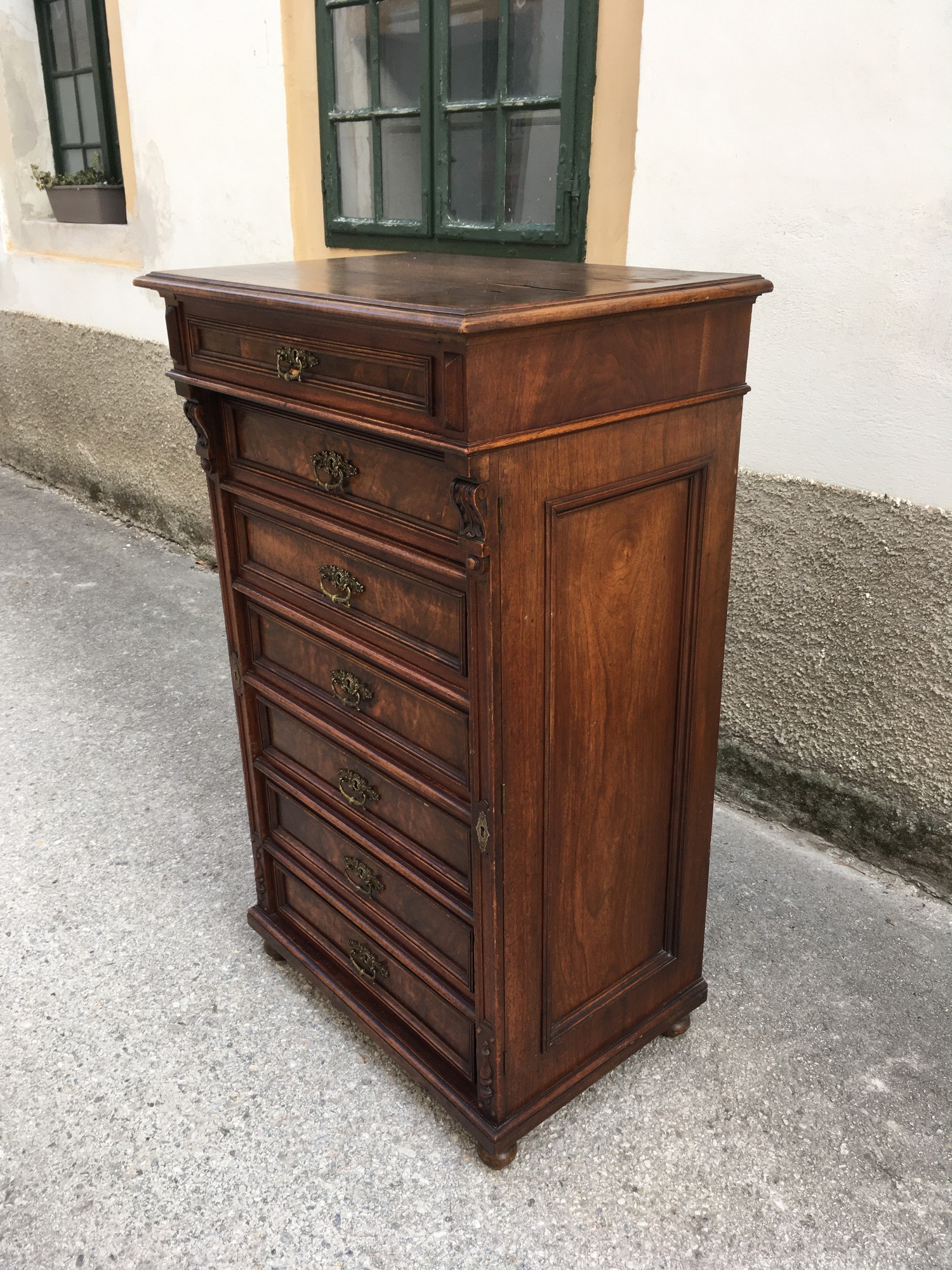 Kommode antik Gründerzeit 7 Laden Nussholz Möbel Historismus Schrank kaufen Shop Wochenkommode