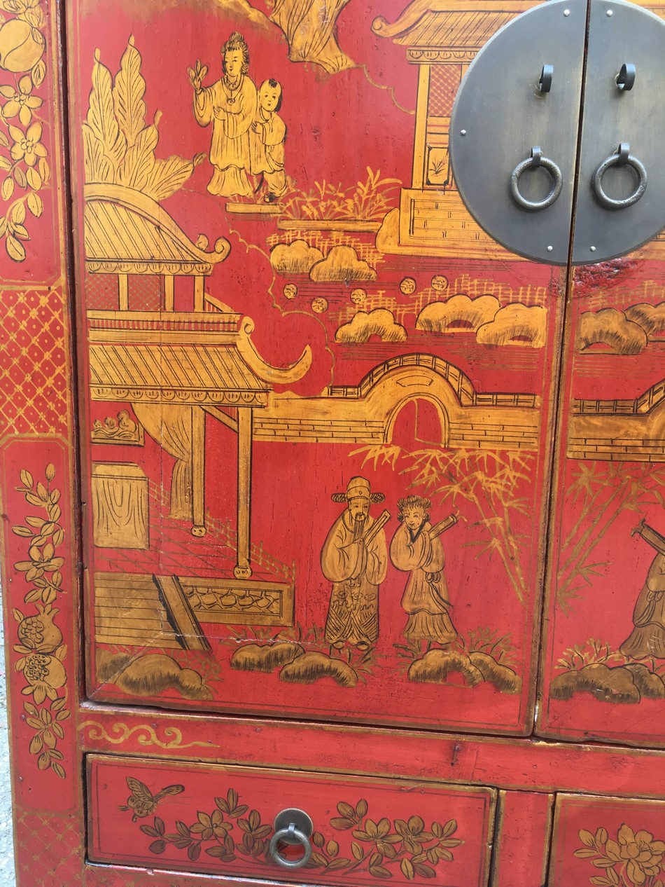 Kommode China rot gold Mönch Hochzeitsschrank