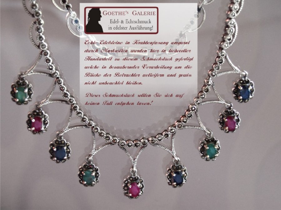 Rubine, Smaragde und tiefblaue Saphire Collier 925 Silber