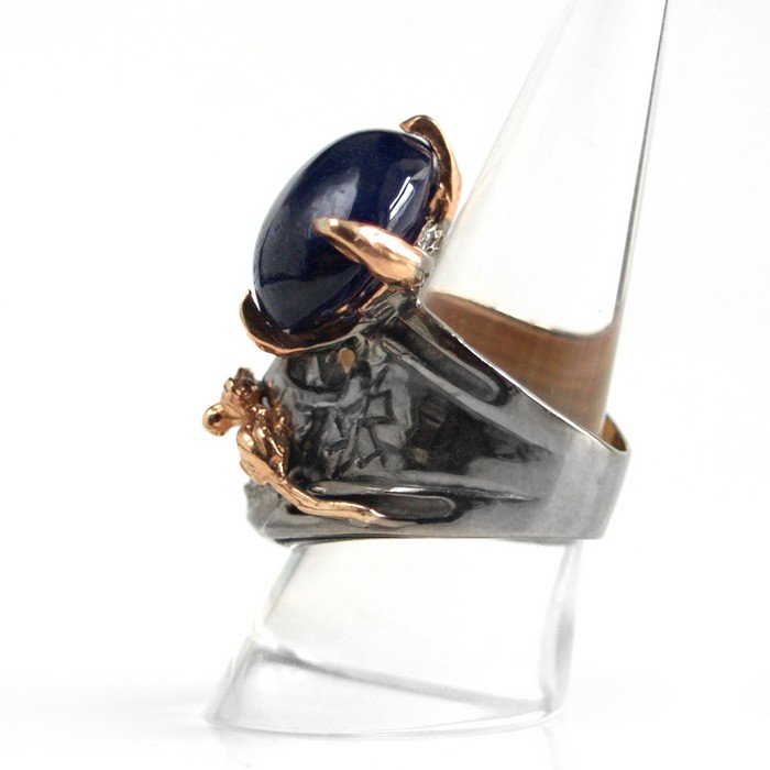 TOTENKOPF 925 Silber Ring blau Saphir HANDARBEIT vergoldete Mäuse