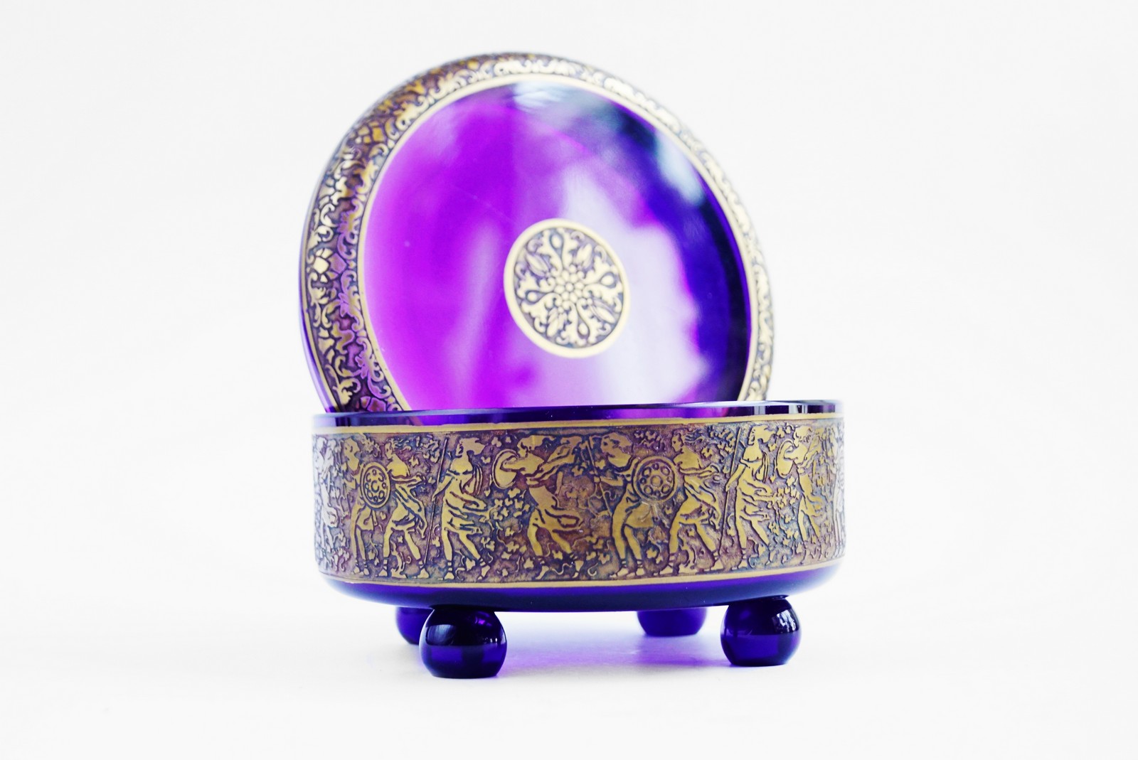 Deckeldose Schale Amethystglas Moser Karlsbad Amazonen signiert