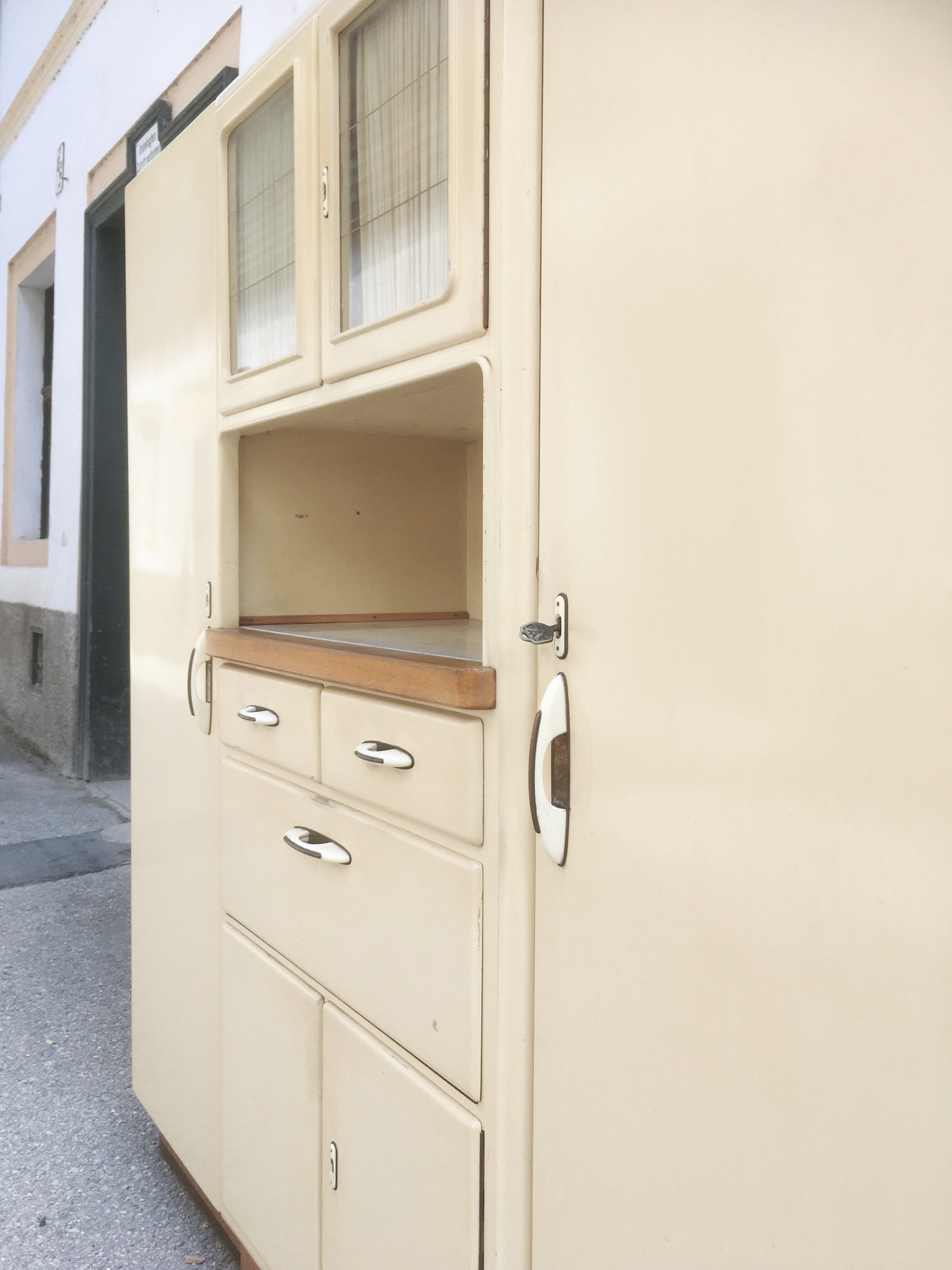 Küchenschrank Vintage creme Schüttenregal Vitrine Küche Vollholz Buffet Kredenz