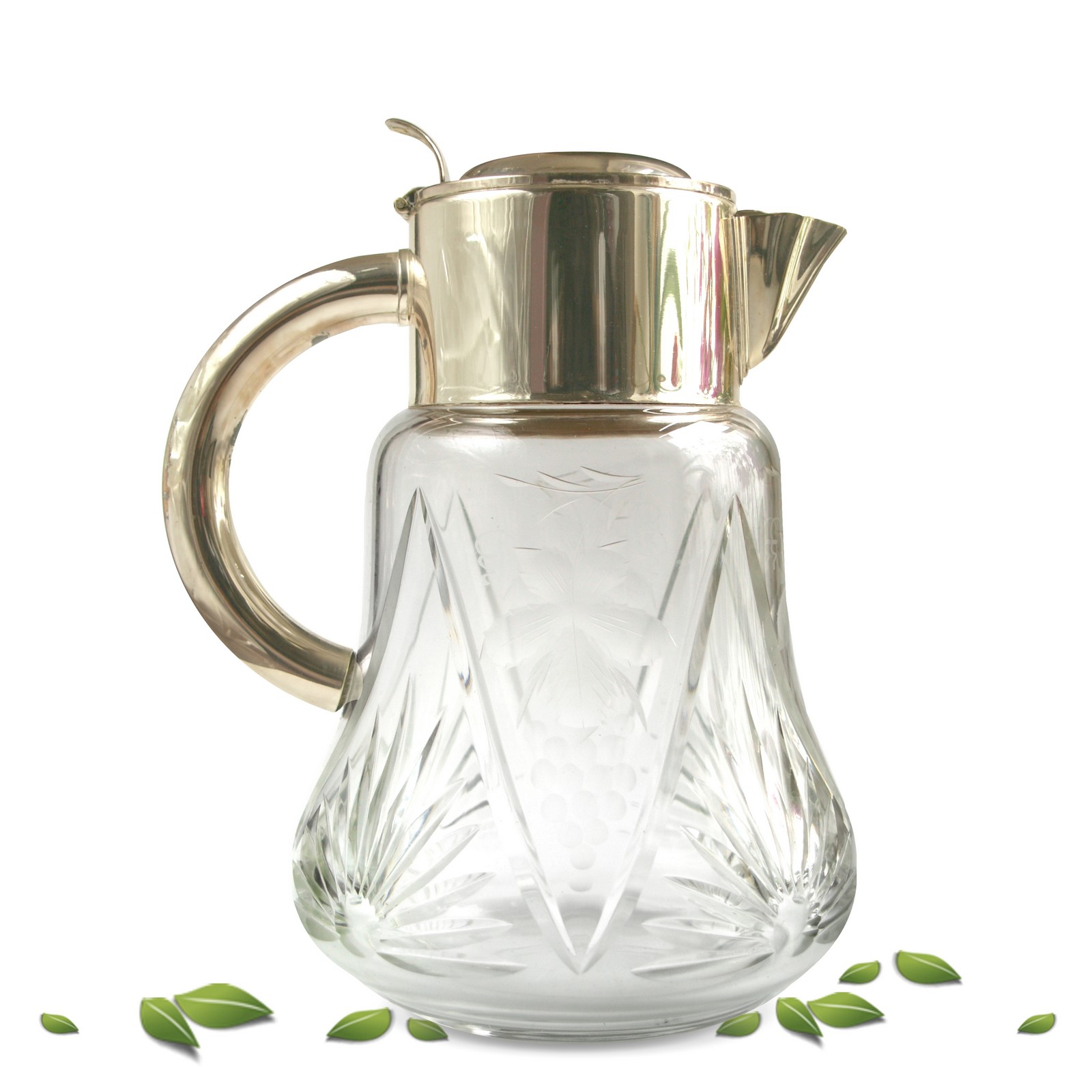 Karaffe antik Wasserkrug Kalte Ente mit Einsatz und Sieb geschliffen Bleikristall Karaffe antik Bleikristall Metall silberne Montur Sieb