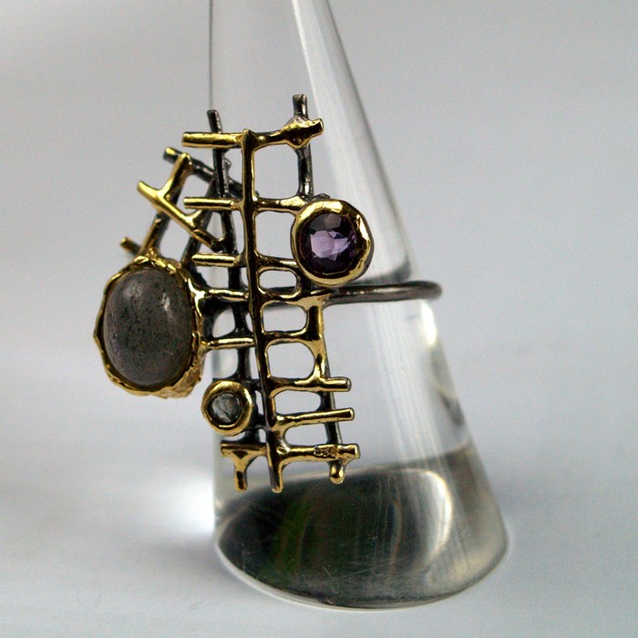 Ring 925 Silber Edelstein Labradorit Amethyst handgefertigte