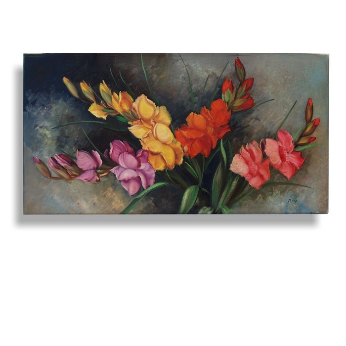 Ölbild vintage STilleben Blumen rosen gladiolen Öl auf Leinen antik rosa gelb grau