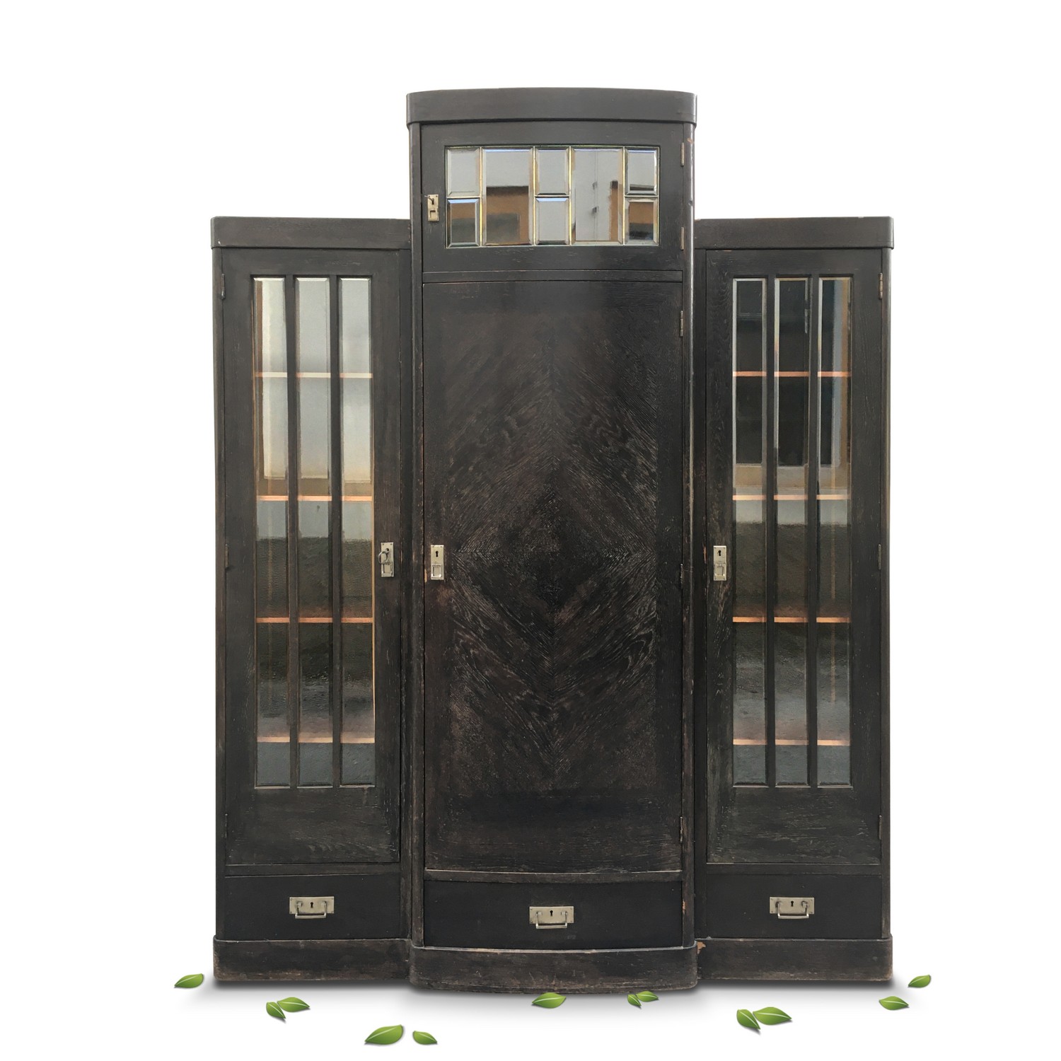 Jugendstil Vitrine schwarz antiker Schrank facettierte Kristallgläser Schrank Bücherschrank Jugendstil Vitrine facettierte Gläser dreitürig Schrankvitrine