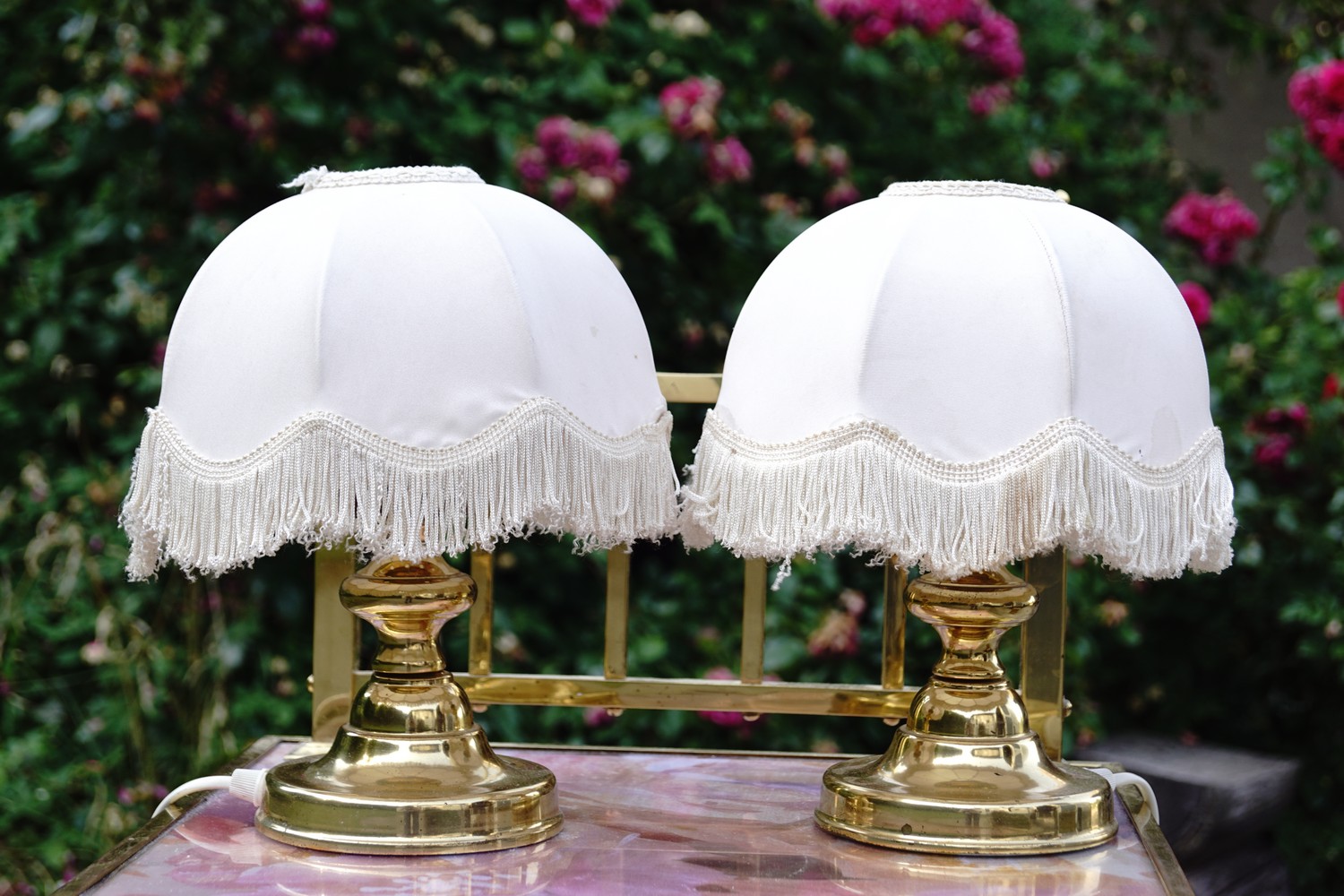 Tischleuchter Messing Fransenlampenschirm Tischlampe 2 Stk. Vintage Pärchen