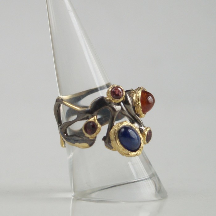 Ring 925 Silber mit echten Edelsteinen Cabochon handgefertigt Ring 925 Silber mit echten Edelsteinen Cabochon handgefertigt Saphir, Spessartin, Granat