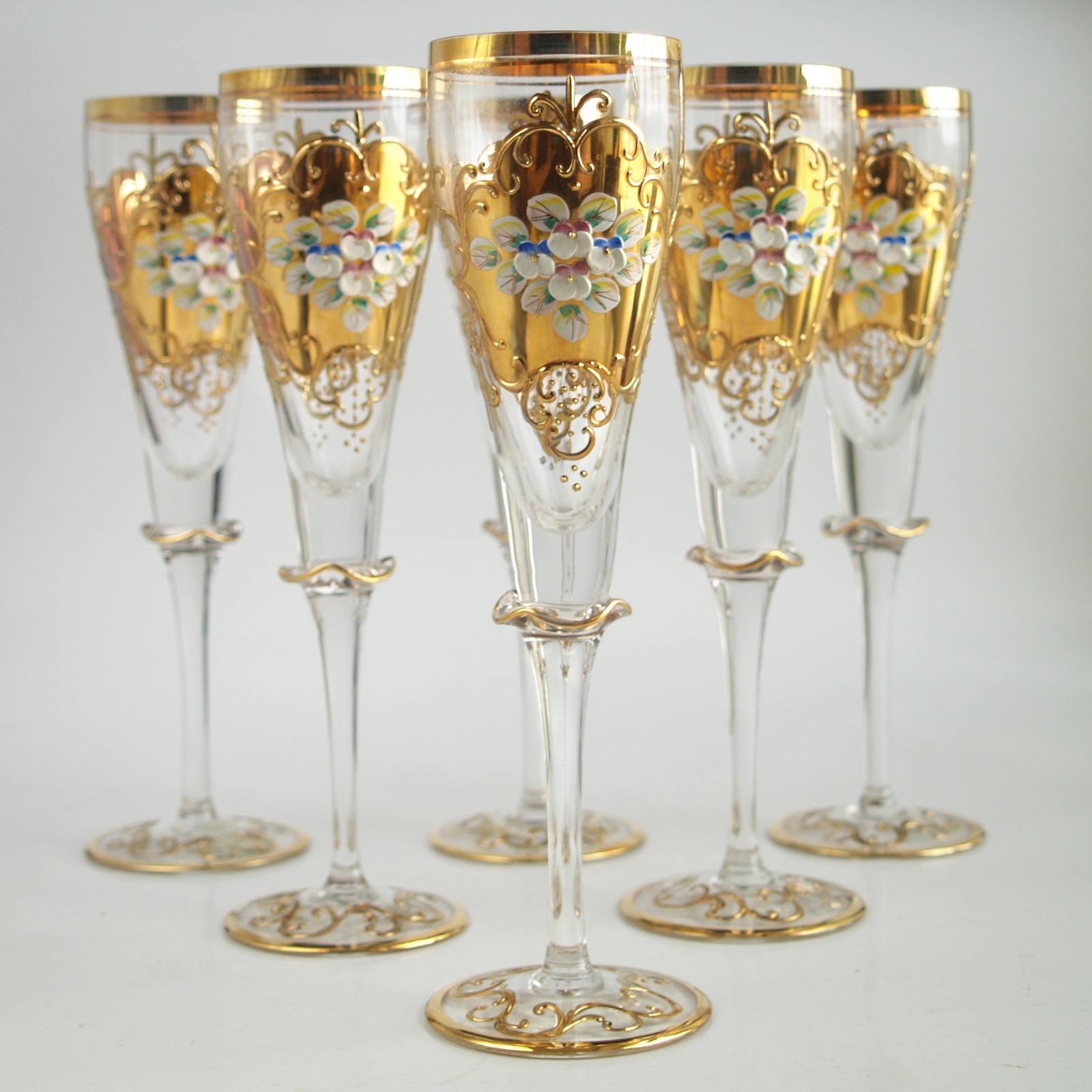 Sektgläser BÖHMEN Kristall mundgeblasen Gold-verziert Emailbemalung Sektgläser golden Vintage