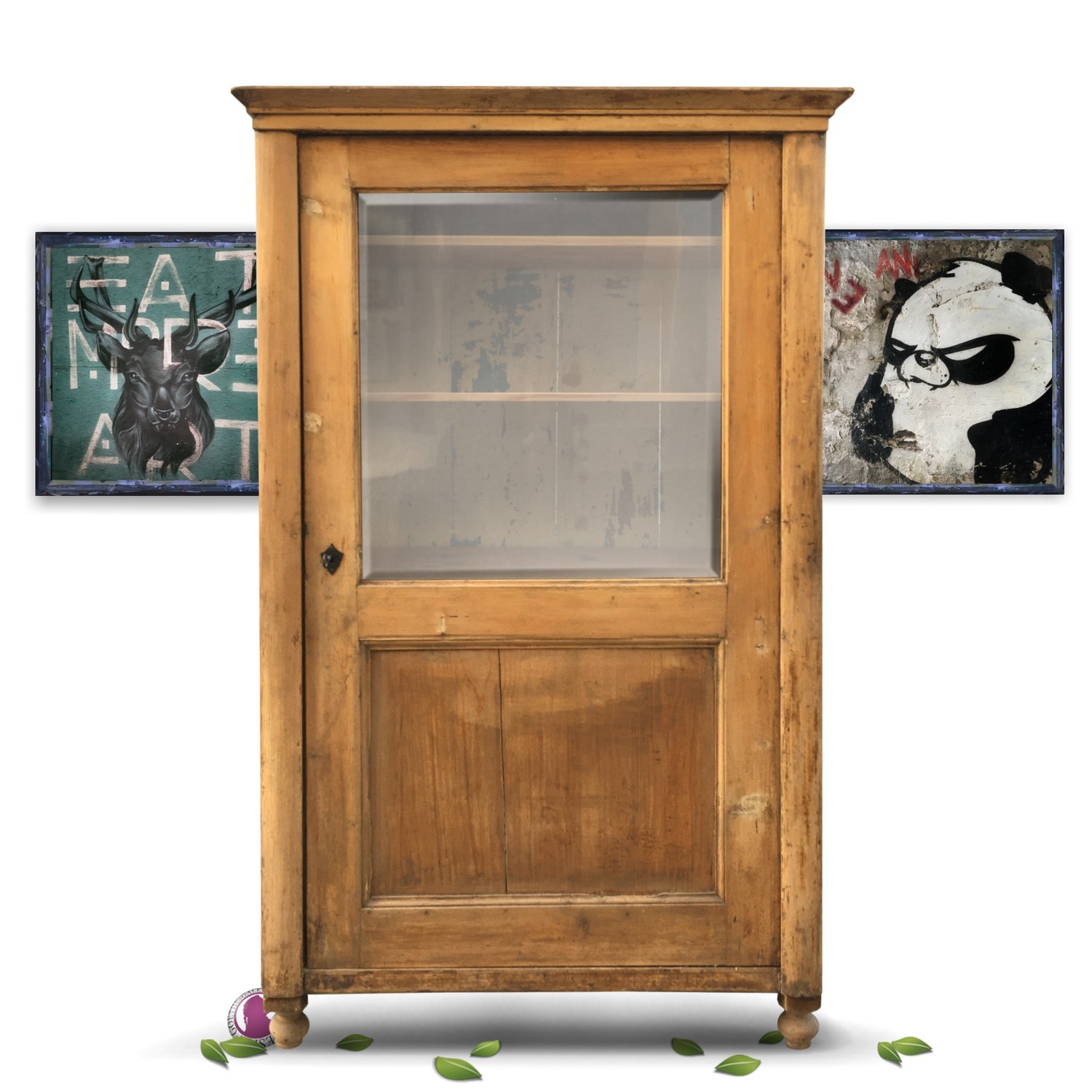 Bücherschrank antik Schrank Biedermeier Vintage Naturholz Vitrinenschrank Antiker Vitrinengeschirrschrank Vintage saniert neu restauriert Design Maison Gemälde Abstrakt Kunst