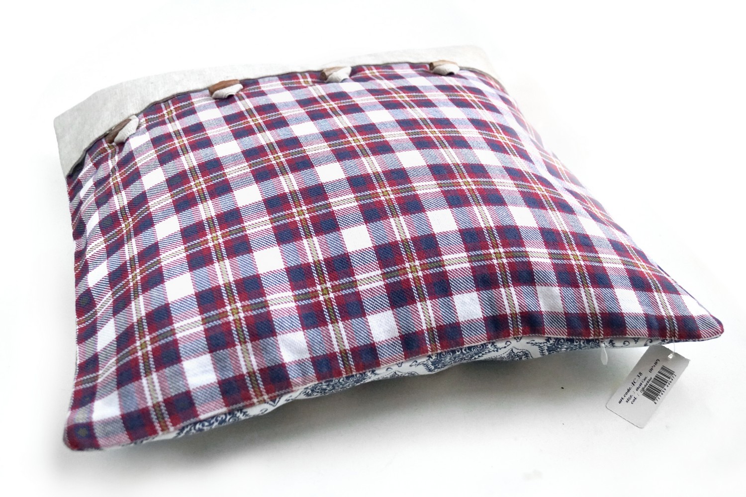 Kissenhülle Clare Kariert Wendekissen blau rot Holzknöpfe Leinen